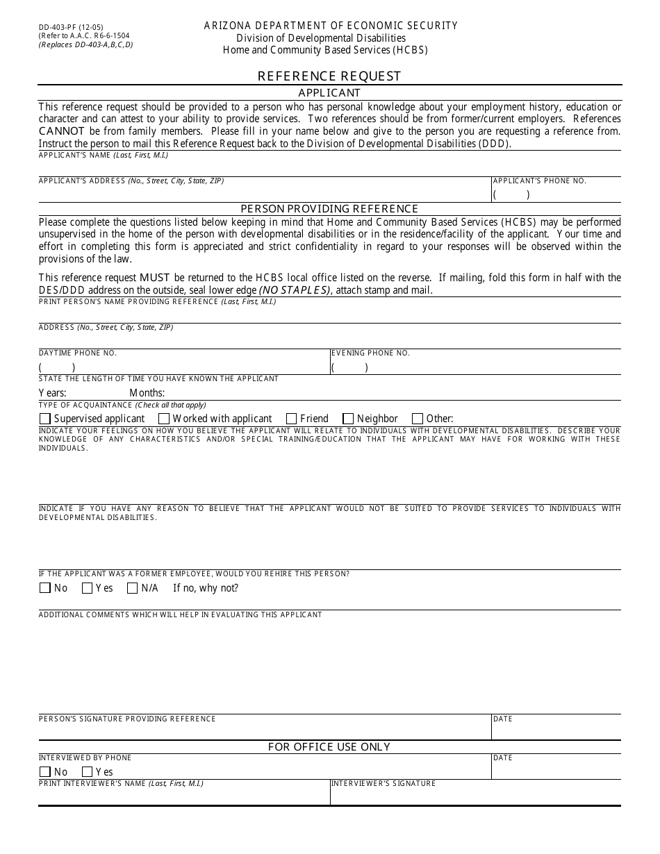 Form DD-403-PF Reference Request - Arizona, Page 1