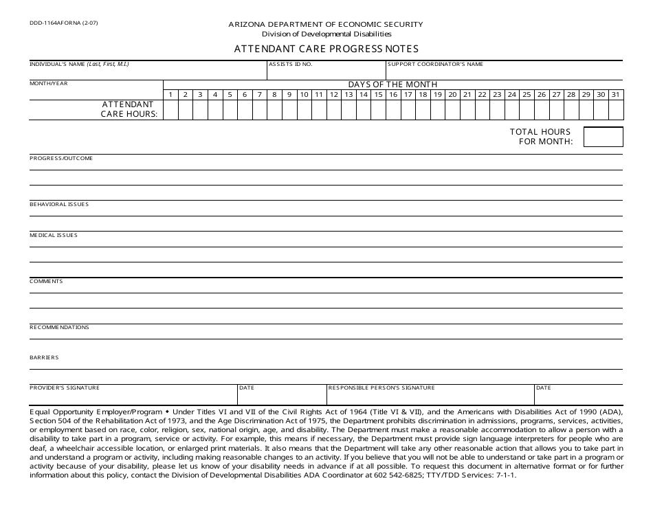 Form DDD-1164AFORNA Attendant Care Progress Notes - Arizona, Page 1