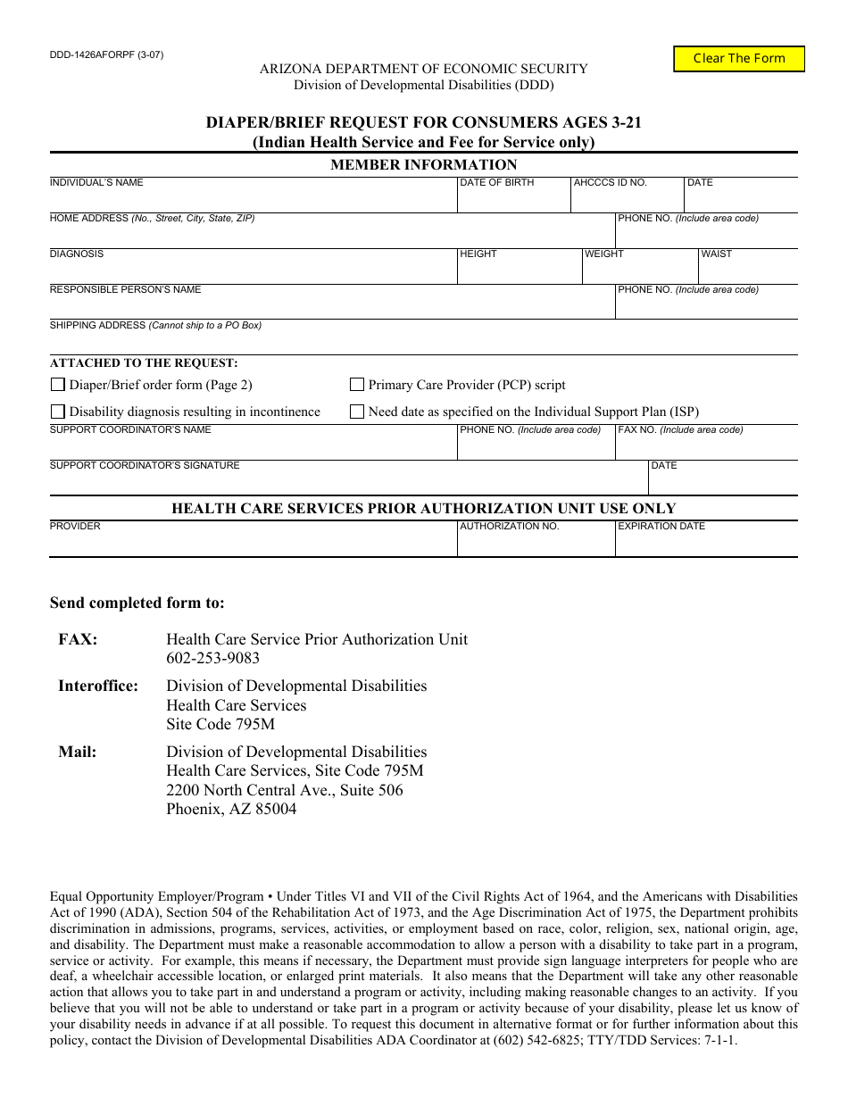 Form DDD-1426AFORPF Diaper / Brief Request for Consumers Ages 3-21 - Arizona, Page 1