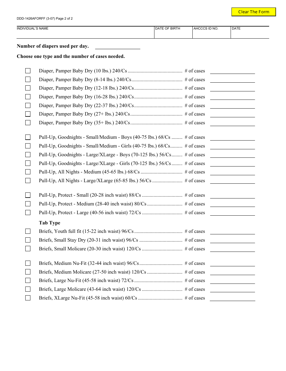 Form DDD-1426AFORPF Diaper / Brief Request for Consumers Ages 3-21 - Arizona, Page 2