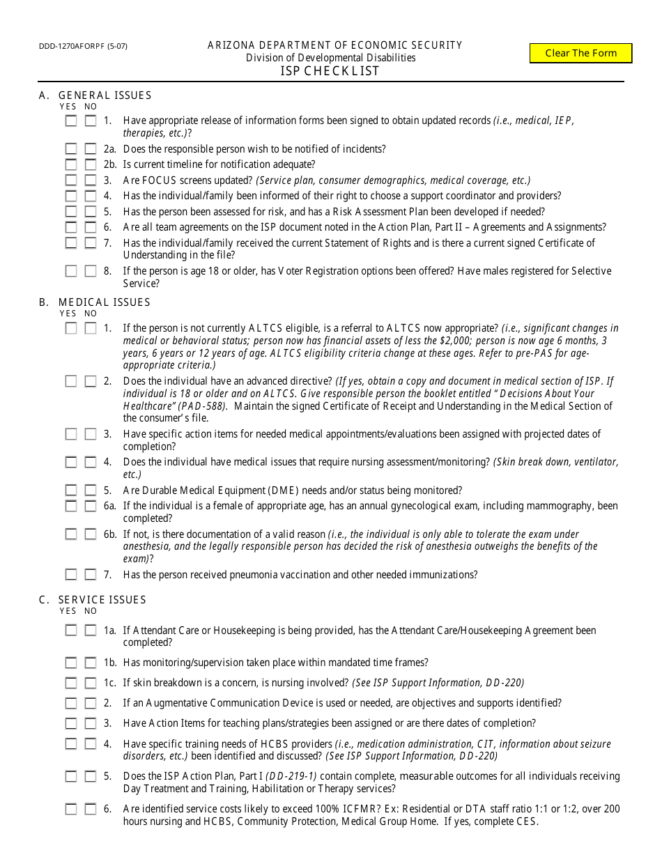 Form DDD-1270AFORPF Isp Checklist - Arizona, Page 1