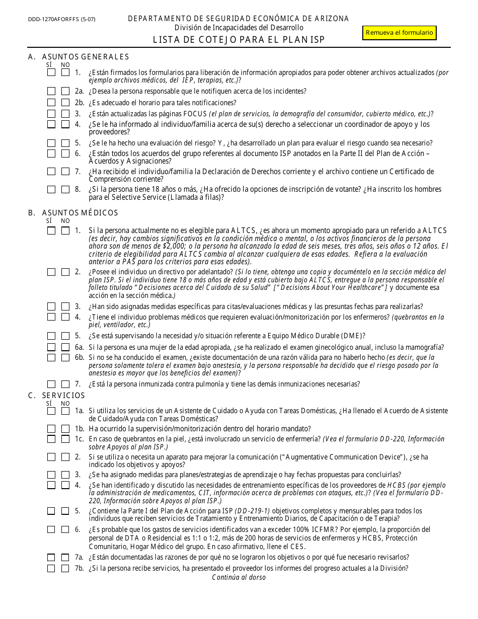 Formulario DDD-1270AFORFFS Lista De Cotejo Para El Plan Isp - Arizona (Spanish), Page 1