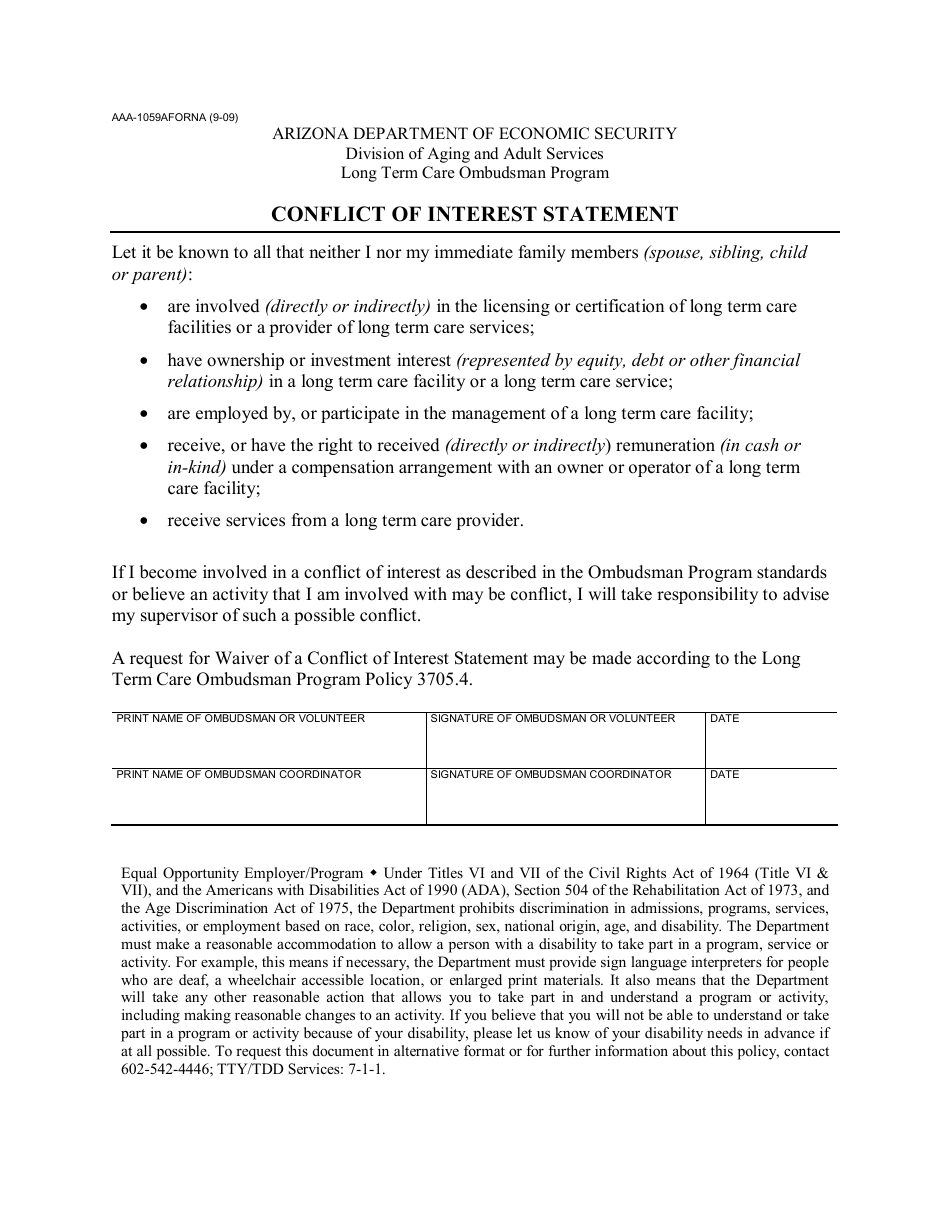 Form AAA-1059A FORNA Conflict of Interest Statement - Arizona, Page 1