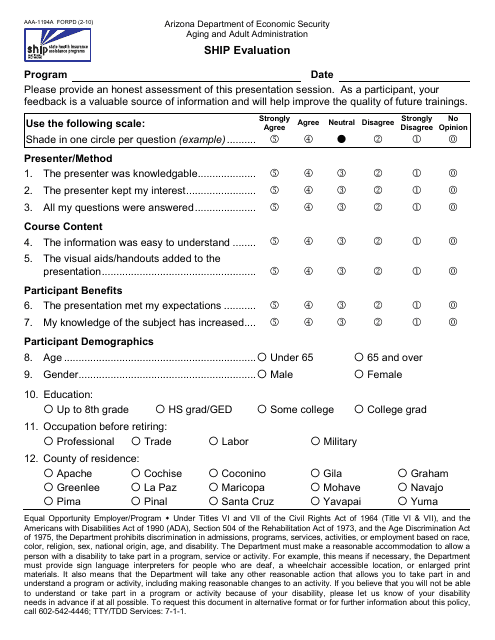 Form AAA-1194A FORPD Ship Evaluation - Arizona