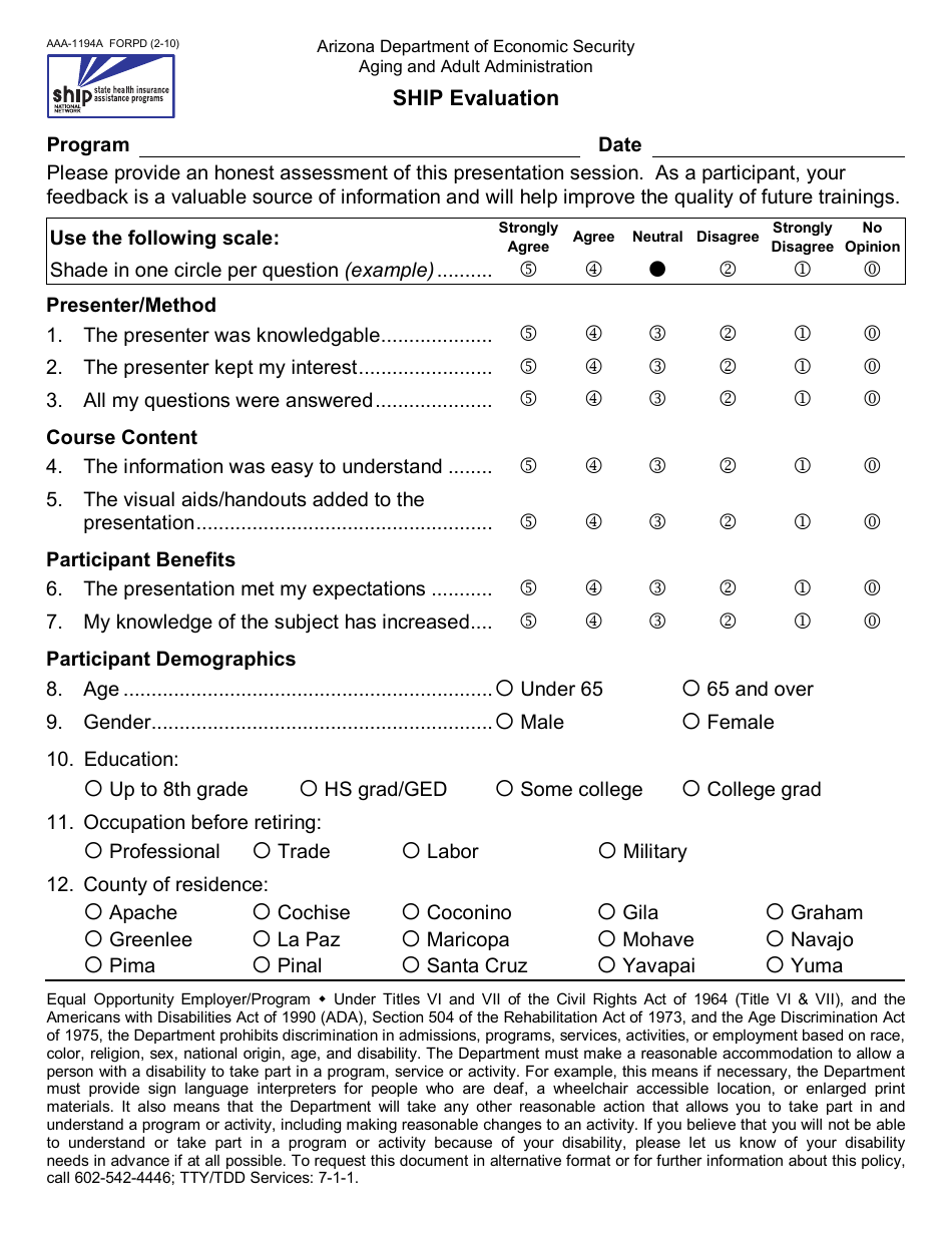Form AAA-1194A FORPD Ship Evaluation - Arizona, Page 1