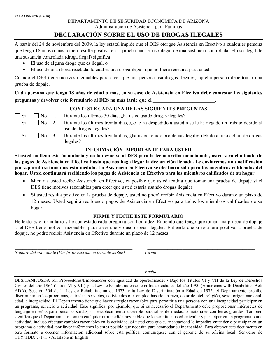 Formulario FAA-1415A FORS Declaracion Sobre El Uso De Drogas Ilegales - Arizona (Spanish), Page 1