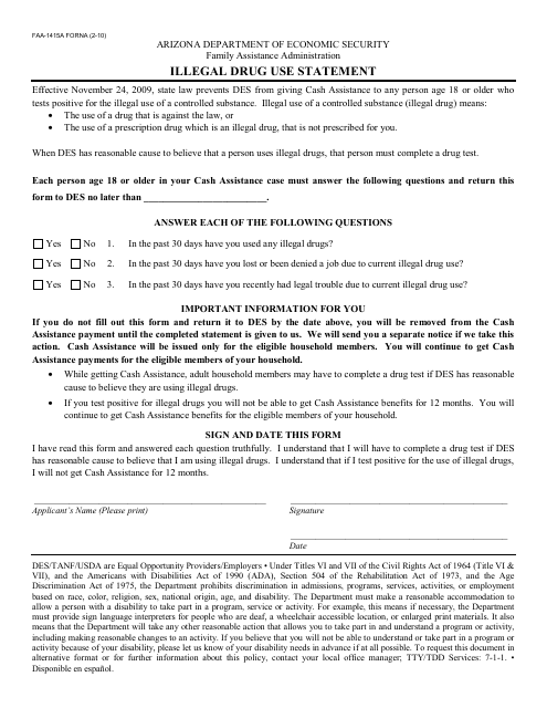 Form FAA-1415A FORNA Illegal Drug Use Statement - Arizona