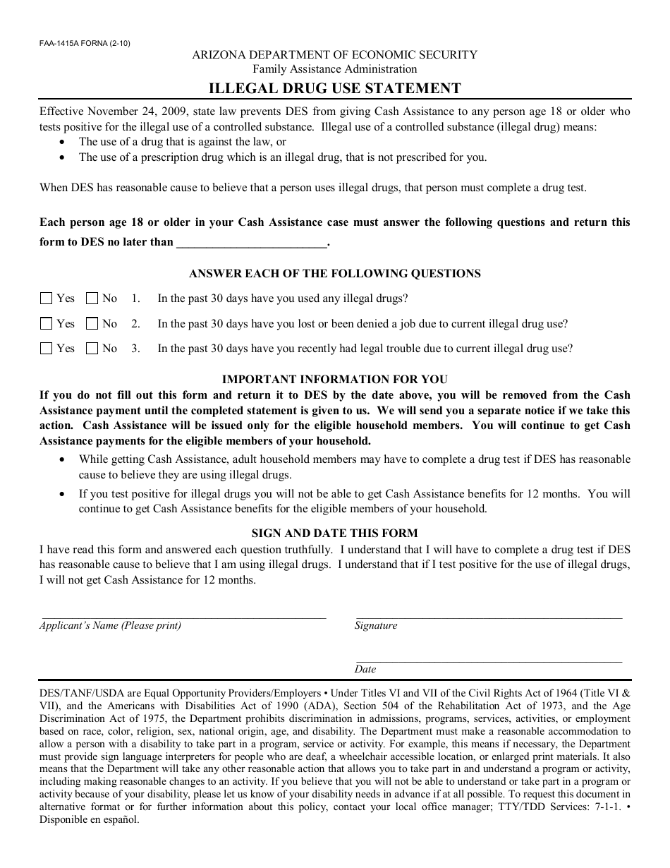 Form FAA-1415A FORNA Illegal Drug Use Statement - Arizona, Page 1
