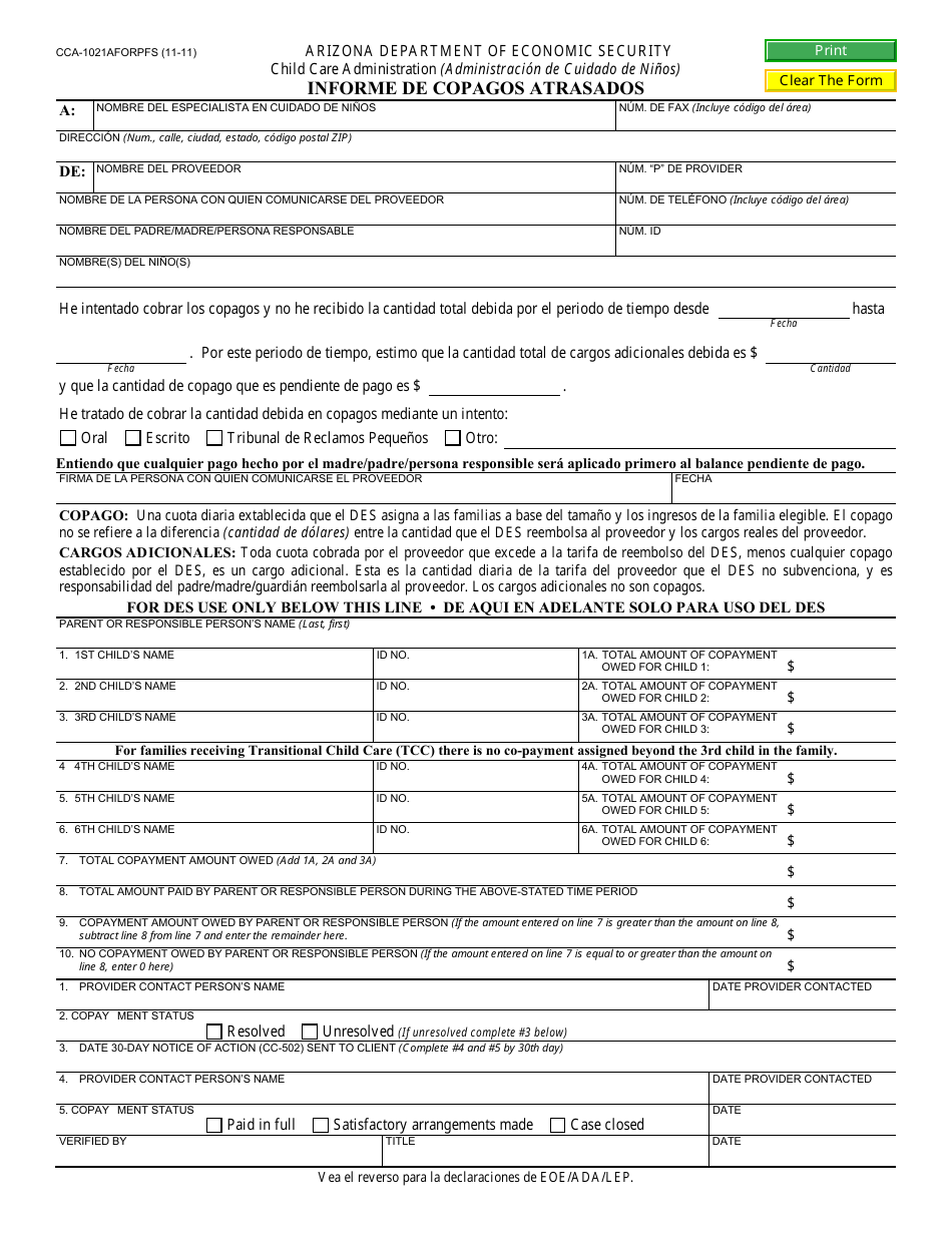 Form CCA-1021AFORPFS Informe De Copagos Atrasados - Arizona, Page 1