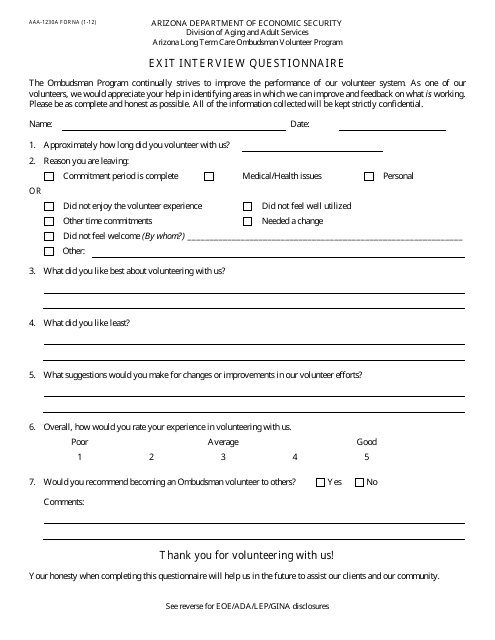 Form AAA-1230A FORNA Exit Interview Questionnaire - Arizona