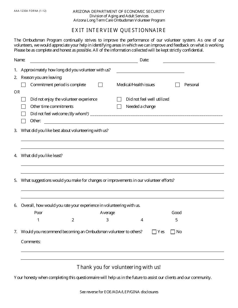 Form AAA-1230A FORNA Exit Interview Questionnaire - Arizona, Page 1