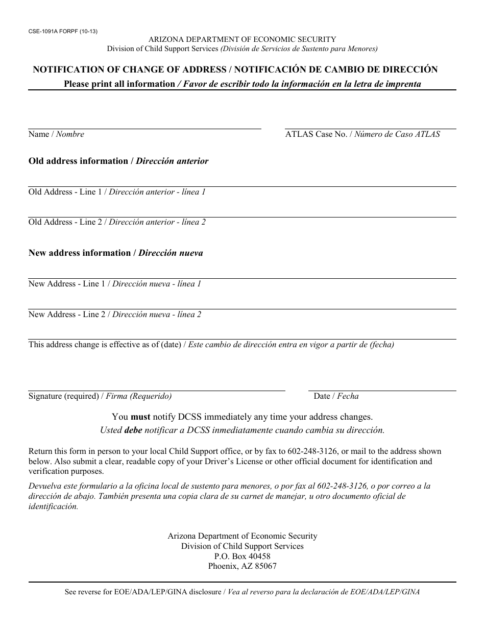 Form CSE-1091A FORPF Notification of Change of Address - Arizona (English / Spanish), Page 1