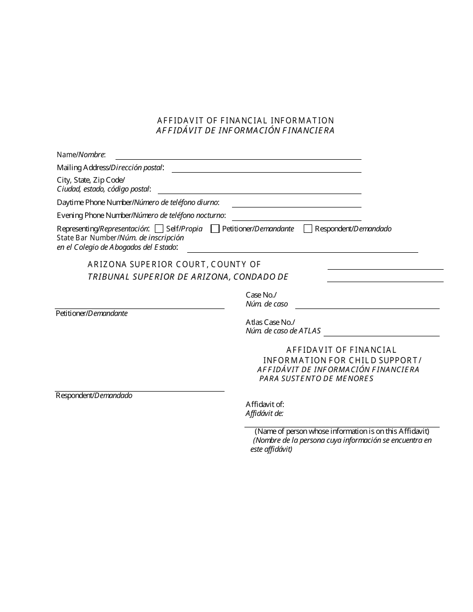 Form CSE-1171A Affidavit of Financial Information - Arizona (English / Spanish), Page 1