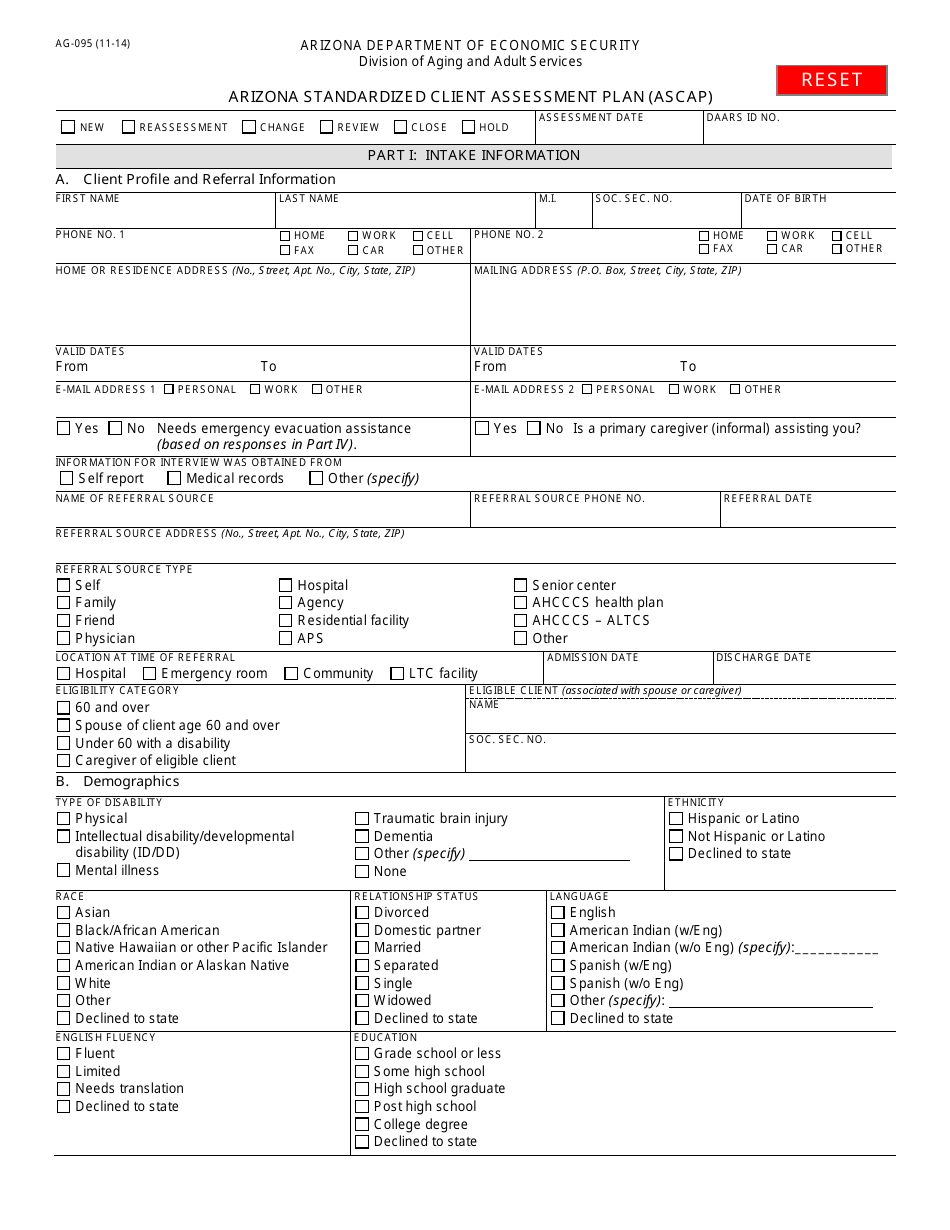 Form AG-095 Arizona Standardized Client Assessment Plan (Ascap) - Arizona, Page 1