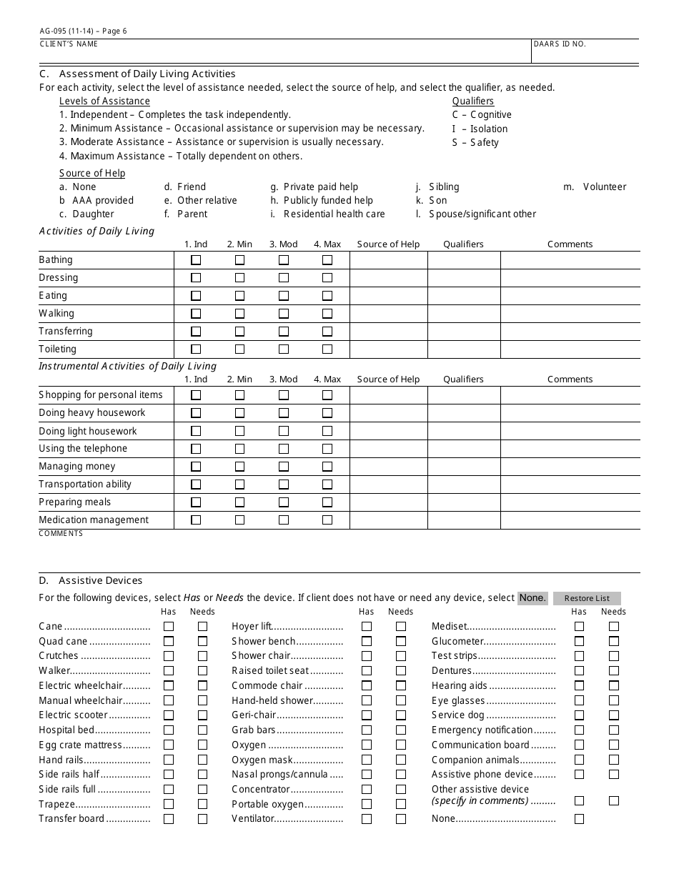 Form AG-095 Arizona Standardized Client Assessment Plan (Ascap) - Arizona, Page 6