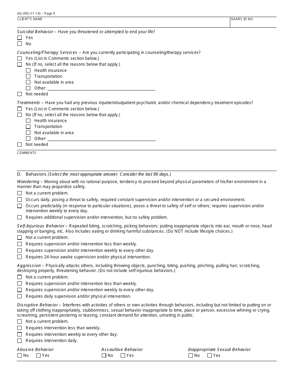 Form AG-095 Arizona Standardized Client Assessment Plan (Ascap) - Arizona, Page 9