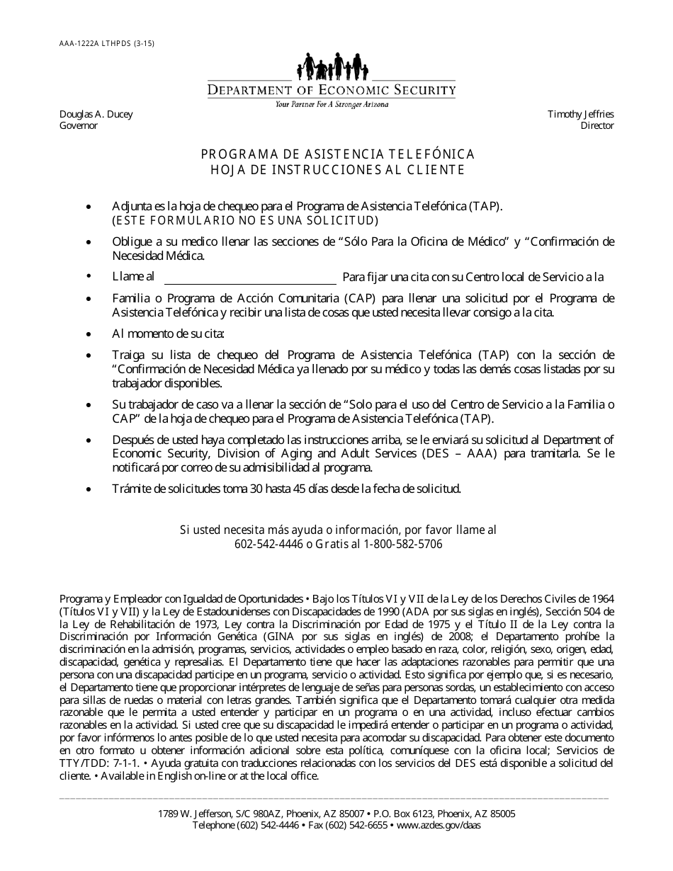 Formulario AAA-1222A LTHPDS La Hoja De Chequeo Para El Programa De Asistencia Telefonica (Tap) - Arizona (Spanish), Page 1