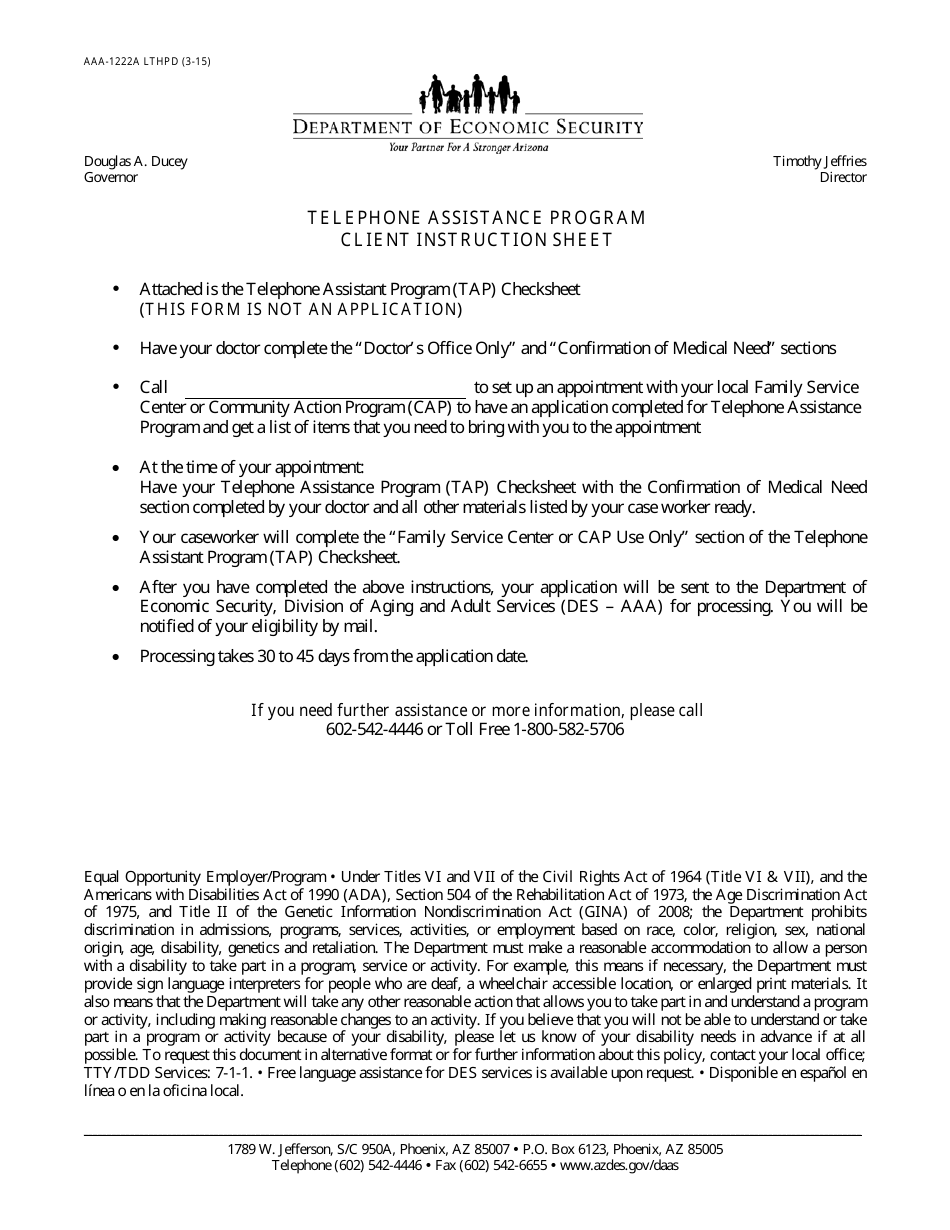 Form AAA-1222A LTHPD Telephone Assistance Program (Tap) Checksheet - Arizona, Page 1
