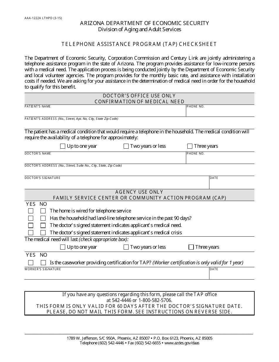 Form AAA-1222A LTHPD Telephone Assistance Program (Tap) Checksheet - Arizona, Page 2