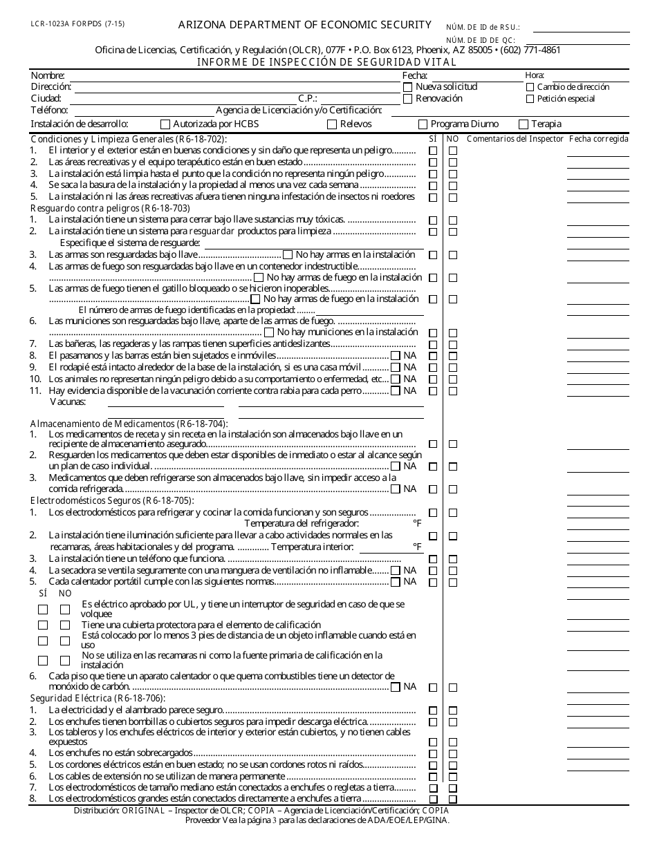 Formulario LCR-1023A FORPDS Informe De Inspeccion De Seguridad Vital - Arizona (Spanish), Page 1