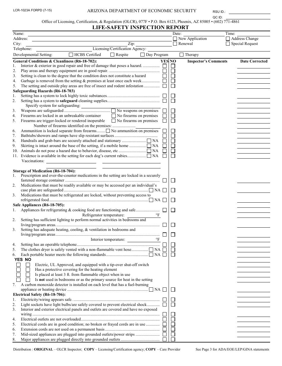 Form LCR-1023A FORPD Life-Safety Inspection Report - Arizona, Page 1