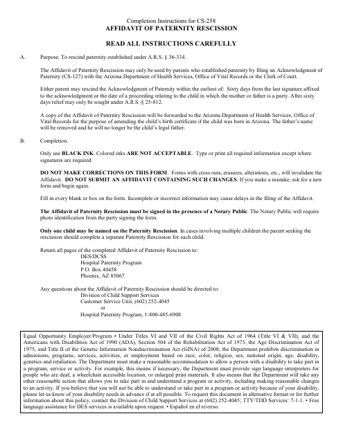 Form CS-258 Affidavit of Paternity Rescission - Arizona (English/Spanish)