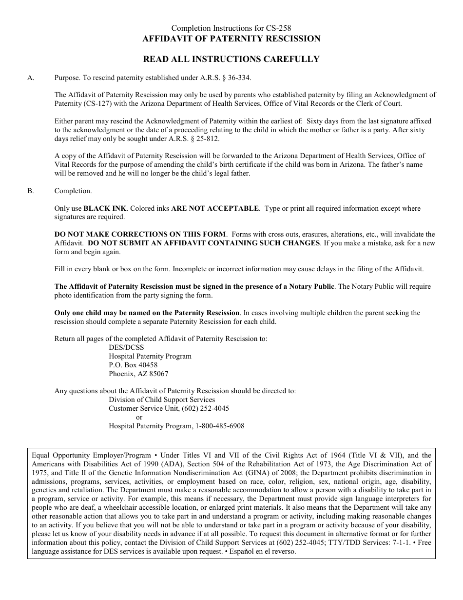 Form CS-258 Affidavit of Paternity Rescission - Arizona (English / Spanish), Page 1