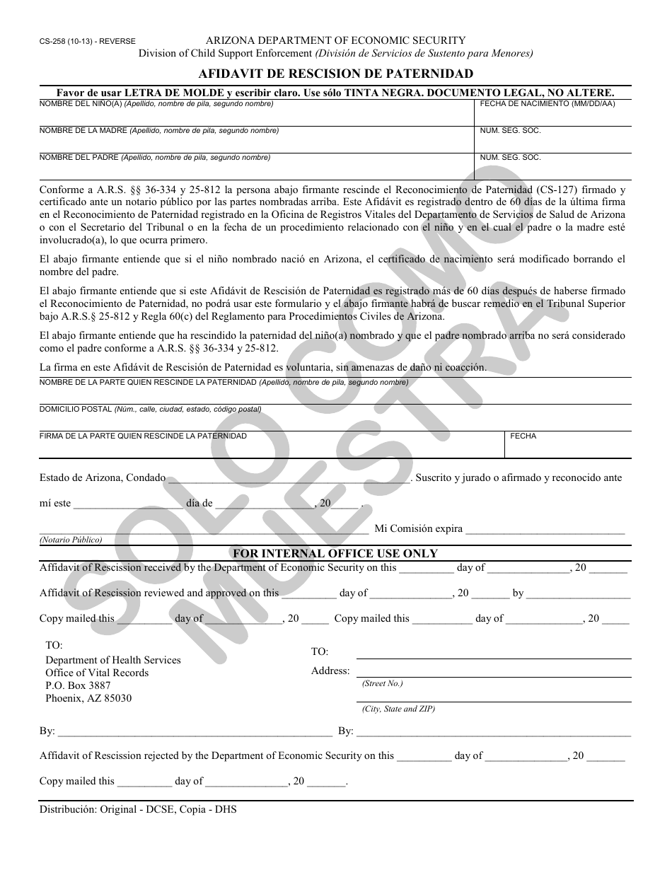 Form CS-258 Affidavit of Paternity Rescission - Arizona (English / Spanish), Page 4