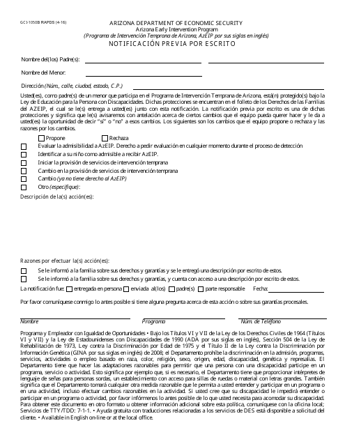 Formulario GCI-1050B RAPDS Notificacion Previa Por Escrito - Arizona (Spanish)