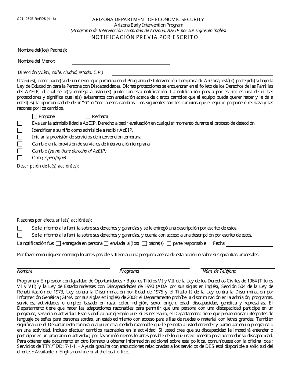 Formulario GCI-1050B RAPDS Notificacion Previa Por Escrito - Arizona (Spanish), Page 1
