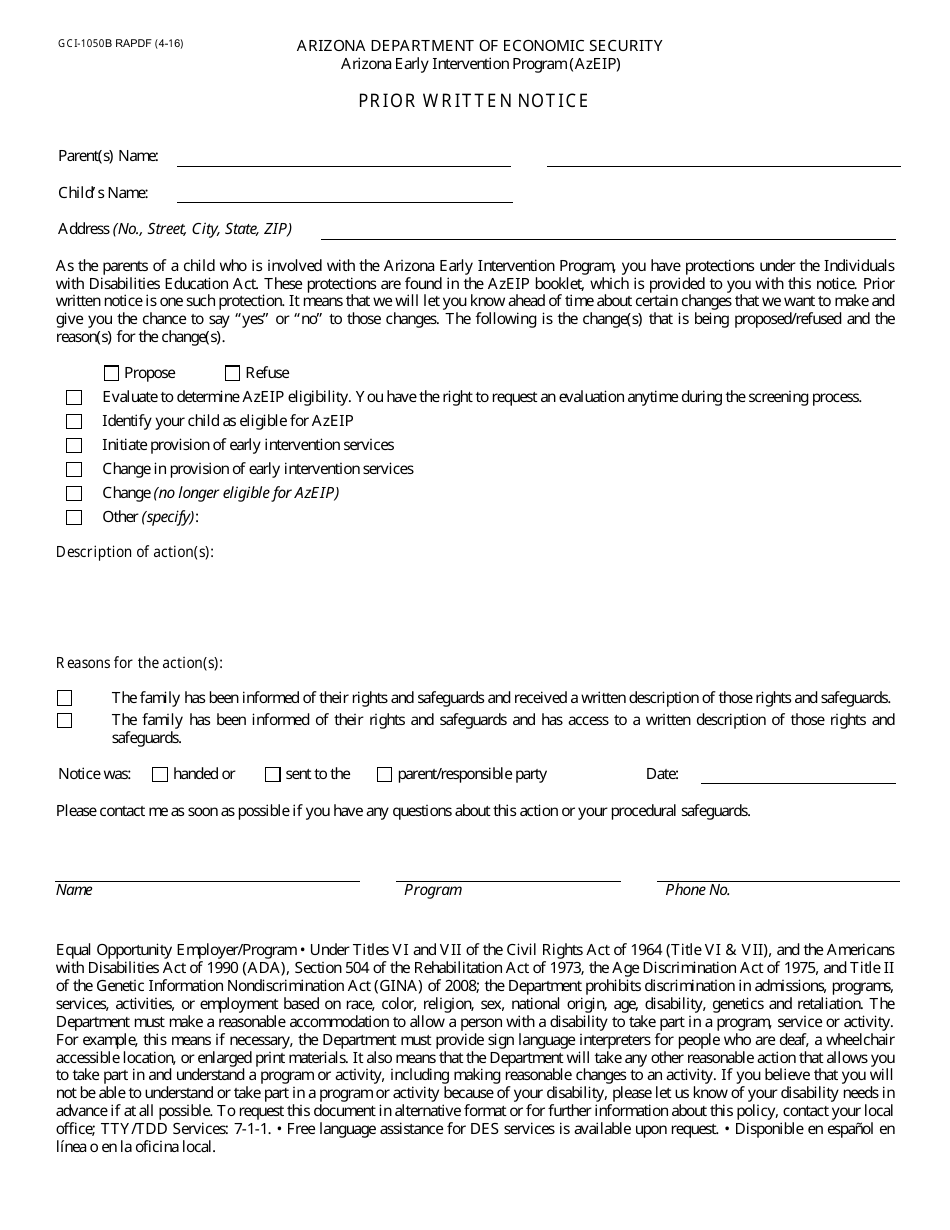 Form GCI-1050B RAPDF Prior Written Notice - Arizona, Page 1