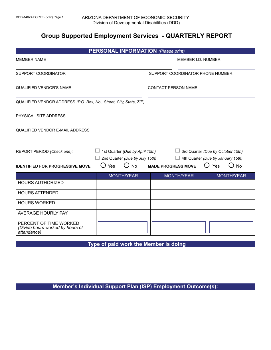 Form DDD-1402A FORFF Group Supported Employment Services - Quarterly Report - Arizona, Page 1