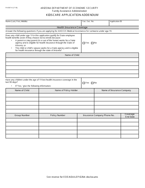 Form FA-001-K Kidscare Application Addendum - Arizona