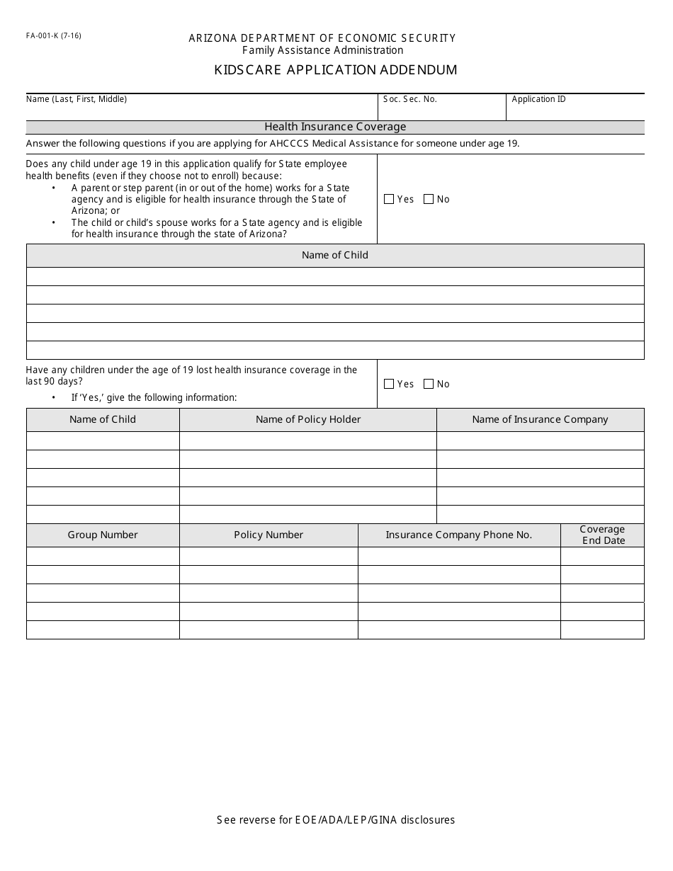 Form FA-001-K Kidscare Application Addendum - Arizona, Page 1