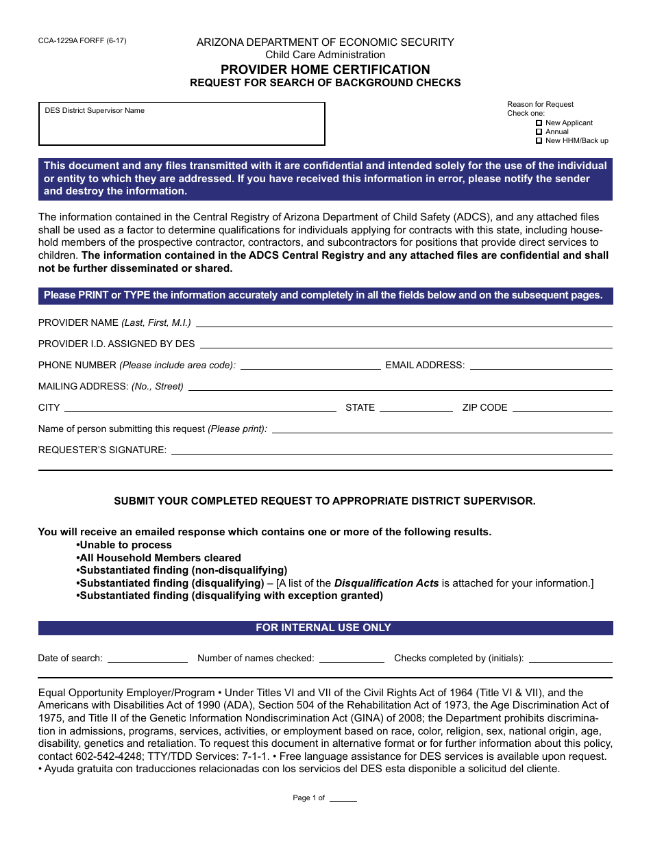 Form CCA-1229A FORFF Provider Home Certification Request for Search of Background Checks - Arizona, Page 1
