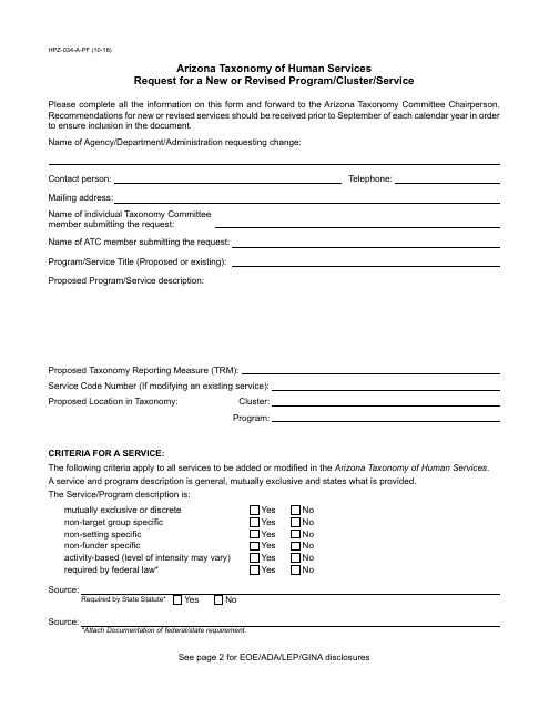 Form HPZ-034-A-PF Request for a New or Revised Program/Cluster/Service - Arizona