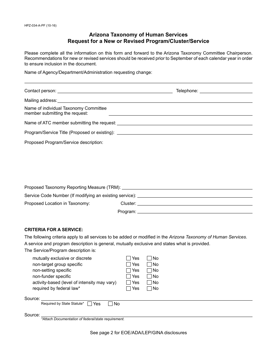 Form HPZ-034-A-PF Request for a New or Revised Program / Cluster / Service - Arizona, Page 1