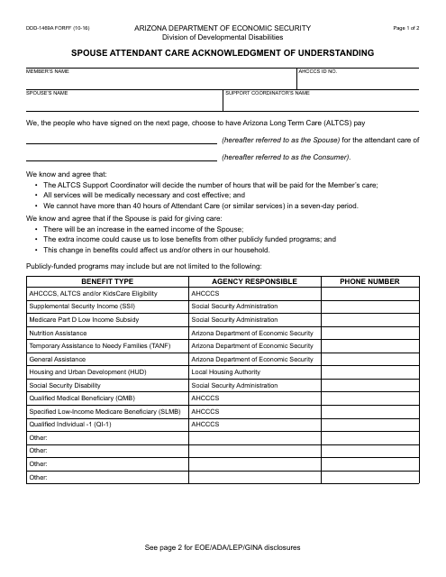 Form DDD-1469A FORFF Spouse Attendant Care Acknowledgment of Understanding - Arizona