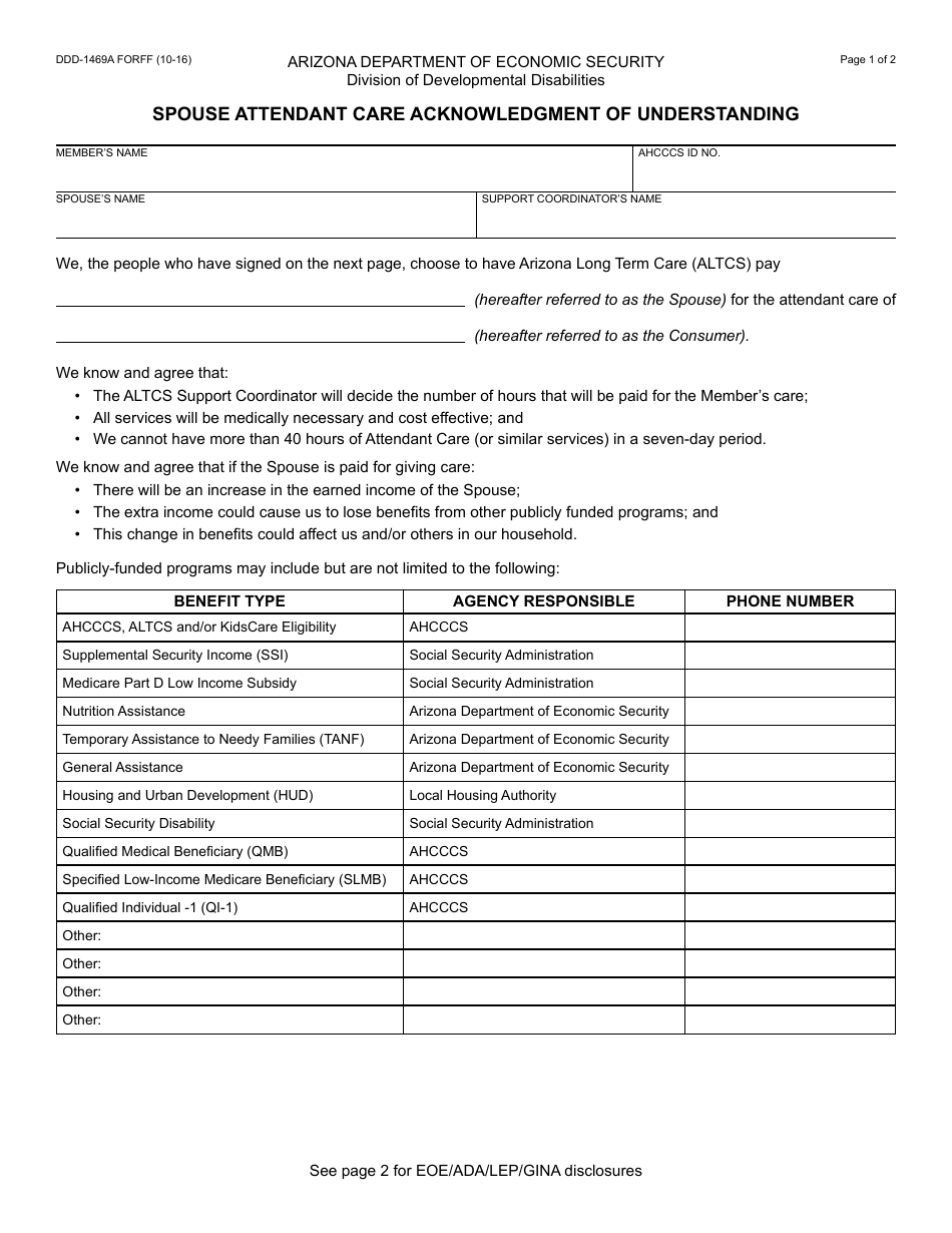 Form DDD-1469A FORFF Spouse Attendant Care Acknowledgment of Understanding - Arizona, Page 1