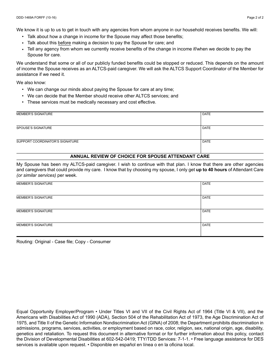 Form DDD-1469A FORFF Spouse Attendant Care Acknowledgment of Understanding - Arizona, Page 2