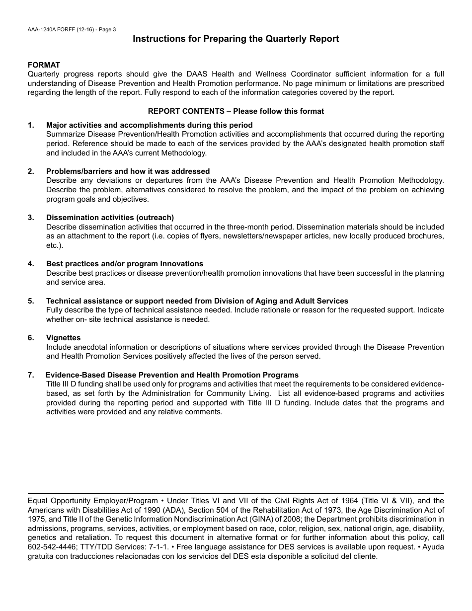 Form AAA-1240A FORFF Disease Prevention and Health Promotion Services Quarterly Summary Report - Arizona, Page 3