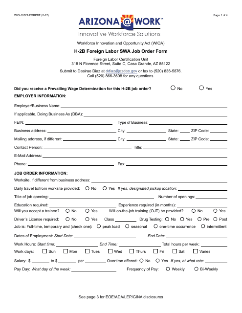 Form WIO-1057A FORPDF H-2b Foreign Labor Swa Job Order Form - Arizona
