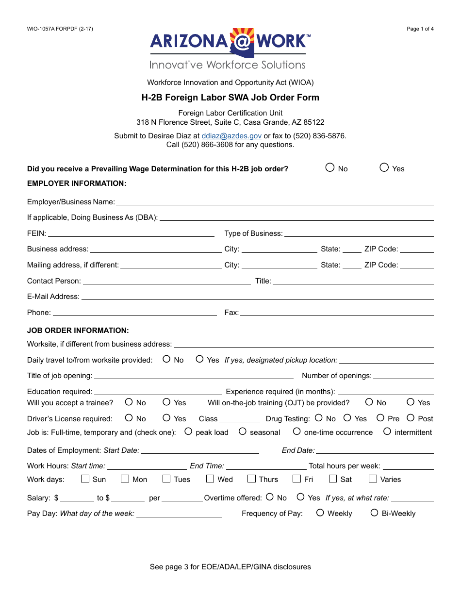 Form WIO-1057A FORPDF H-2b Foreign Labor Swa Job Order Form - Arizona, Page 1