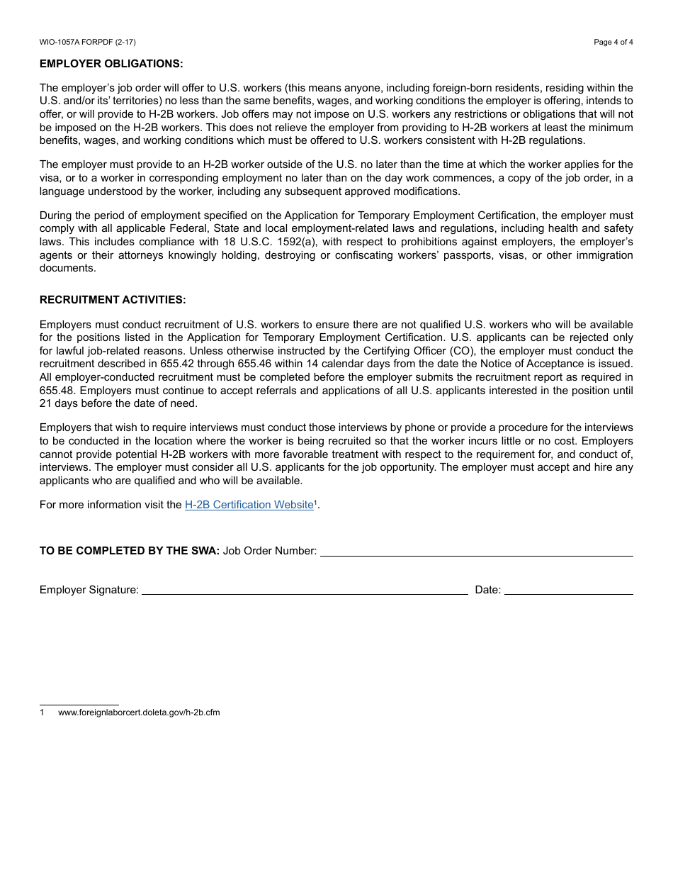 Form WIO-1057A FORPDF H-2b Foreign Labor Swa Job Order Form - Arizona, Page 4