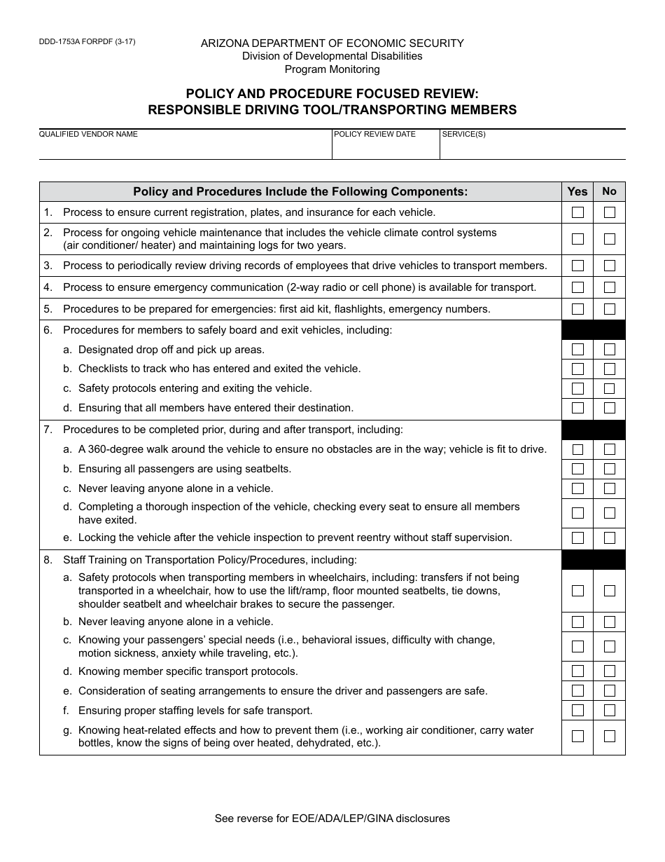 Form DDD-1753A FORPDF Policy and Procedure Focused Review: Responsible Driving Tool / Transporting Members - Arizona, Page 1