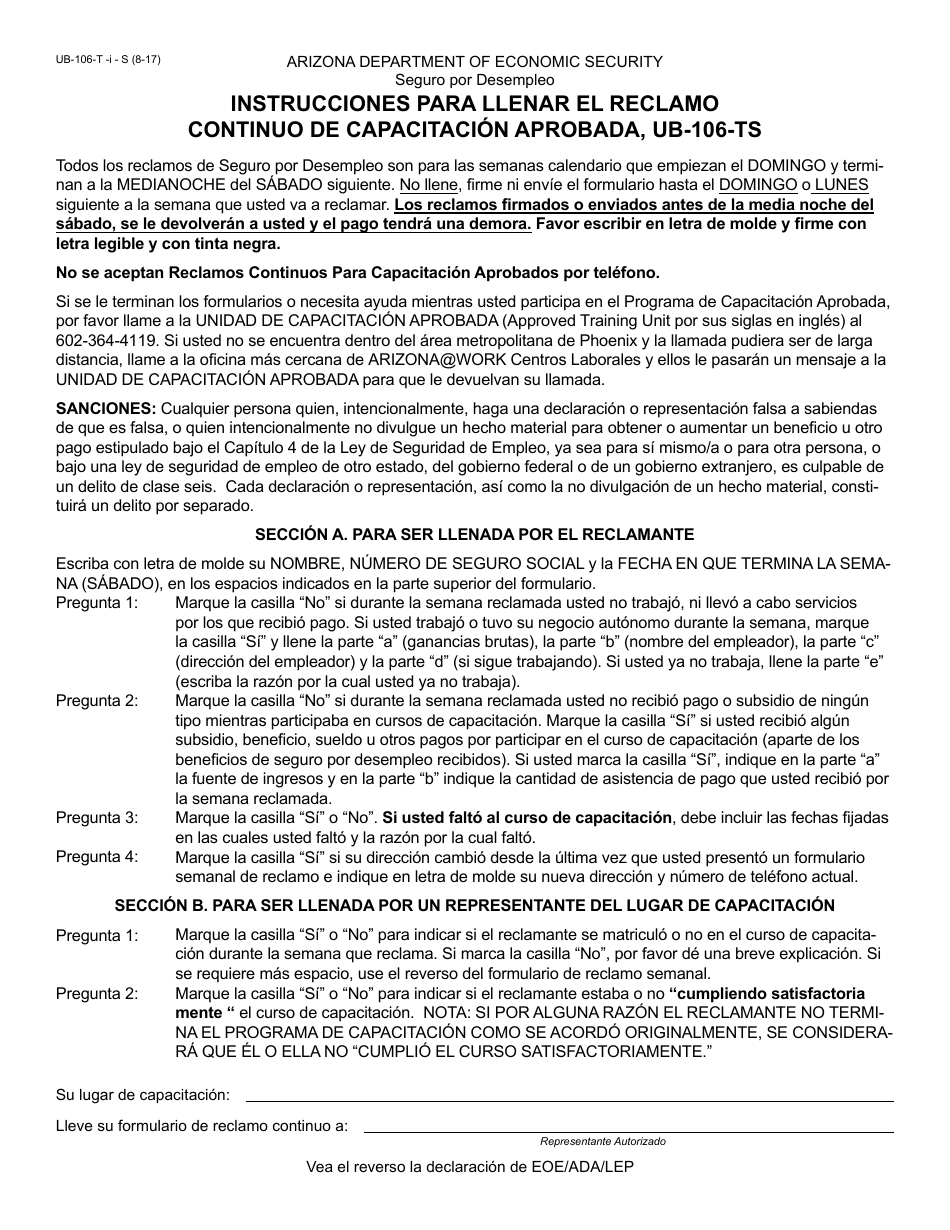 Instrucciones para Formulario UB-106-T-S Reclamo Continuo - Arizona (Spanish), Page 1