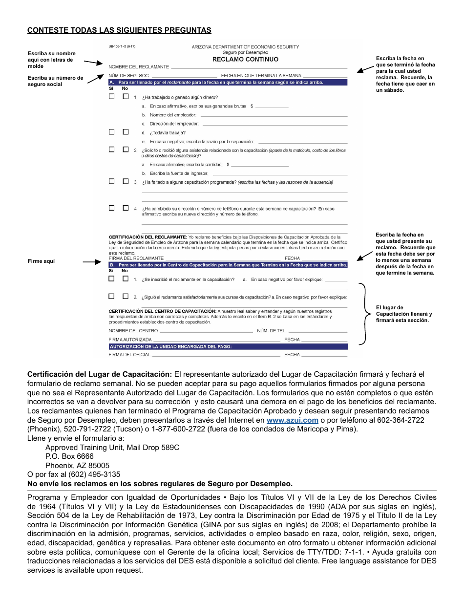 Instrucciones para Formulario UB-106-T-S Reclamo Continuo - Arizona (Spanish), Page 2