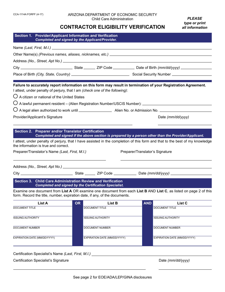 Form CCA-1114A FORFF Contractor Eligibility Verification - Arizona, Page 1