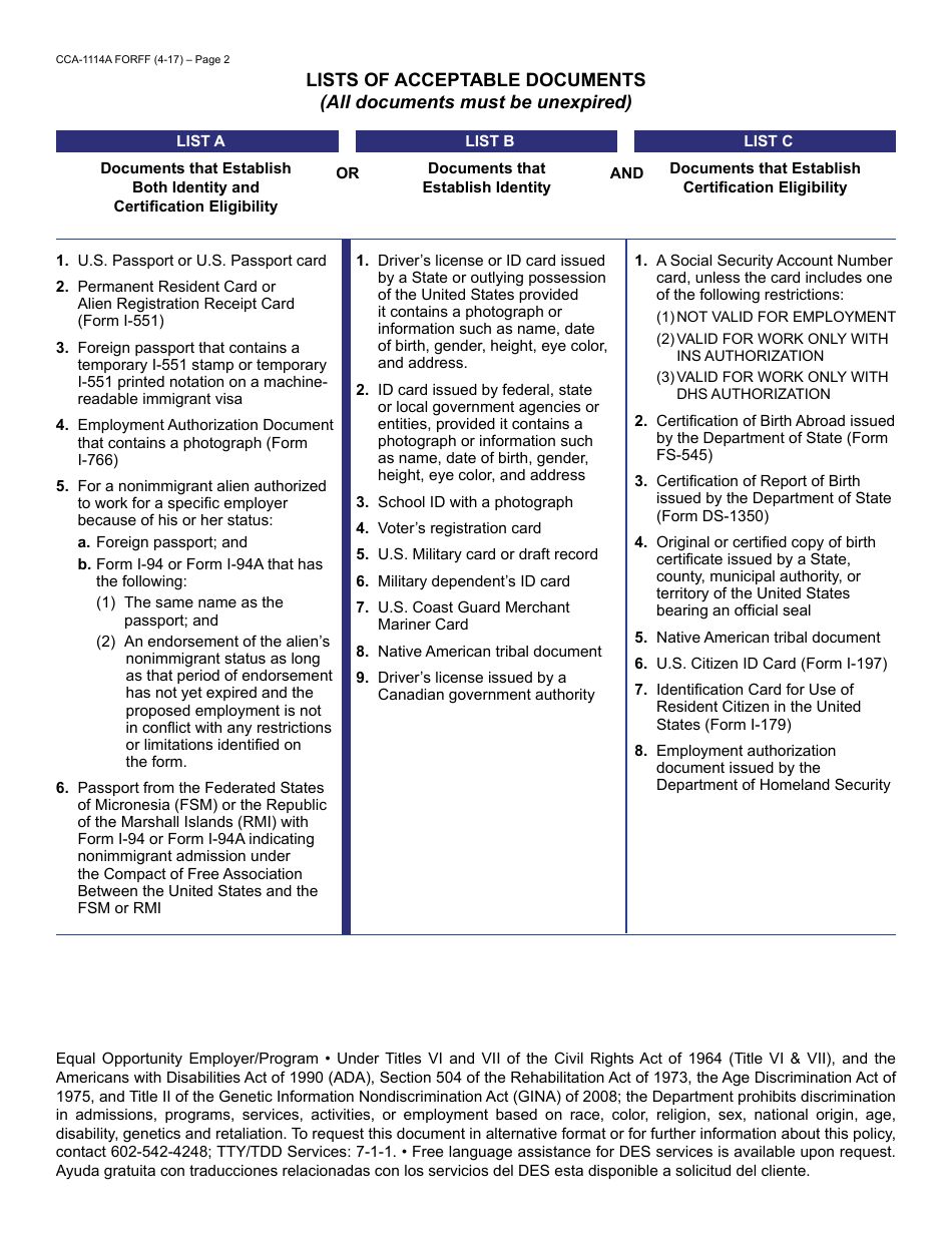 Form CCA-1114A FORFF Contractor Eligibility Verification - Arizona, Page 2