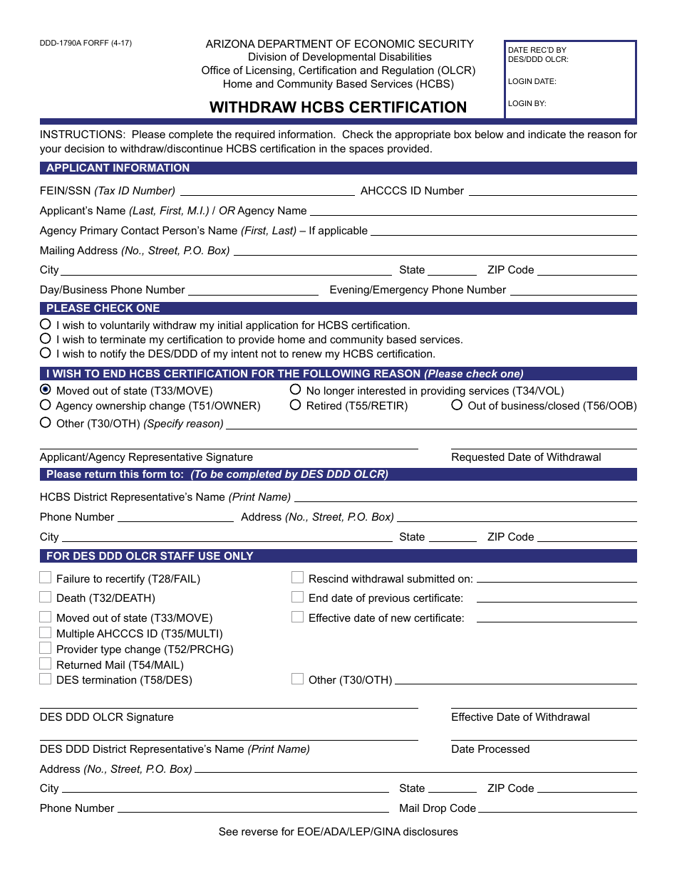 Form DDD-1790A FORFF Withdraw Hcbs Certification - Arizona, Page 1